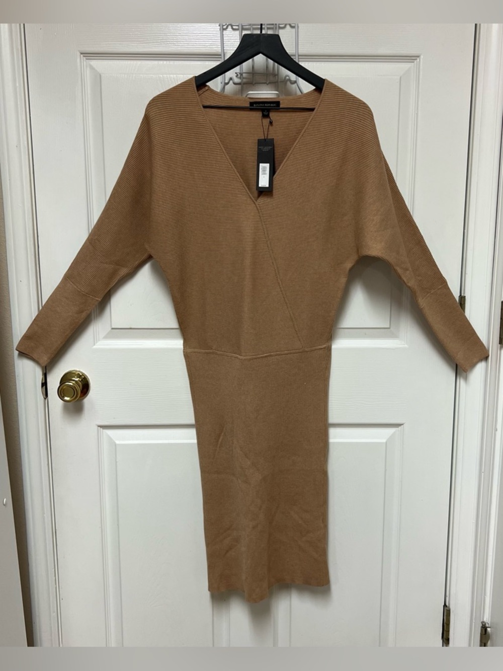 Banana Republic Serene Camel Brown V-Neck Knit Midi Sweater Dress